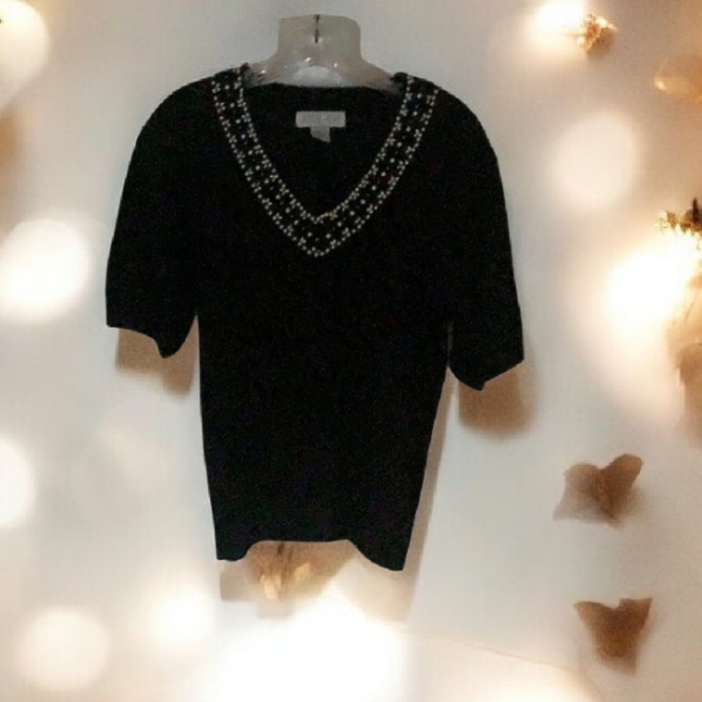 Beaded short sleeve sweater neck lined with beads & pearls S/P holiday p…